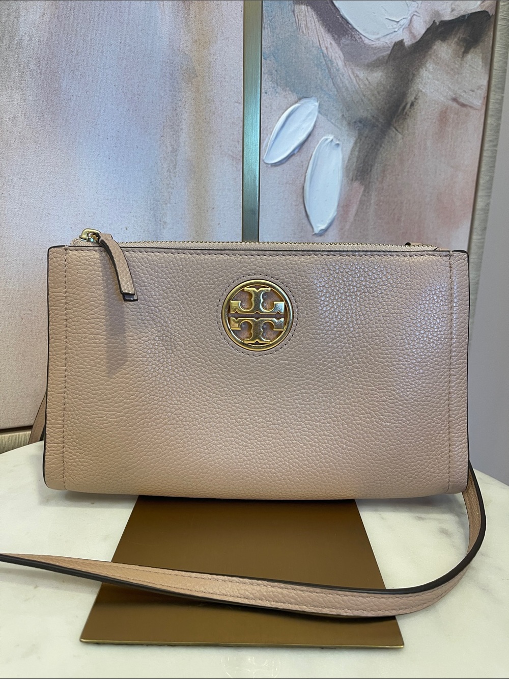 Tory Burch Carson Leather Crossbody in Blush Pink with Gold Logo